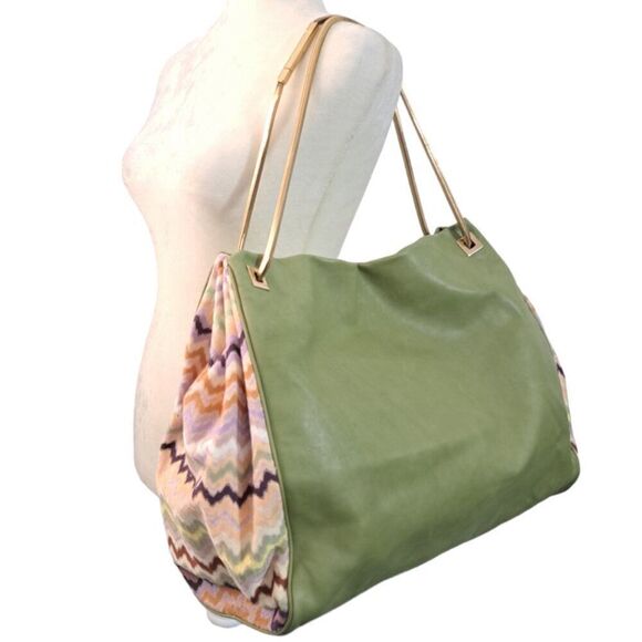Missoni Women's Hand Bag Purse Green Leather Signature Wave Metal Handle Large